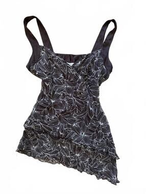 Nine West 100% Silk Top Womens Size 8 Brown & White Leaf Print Ruffle Asym Hem